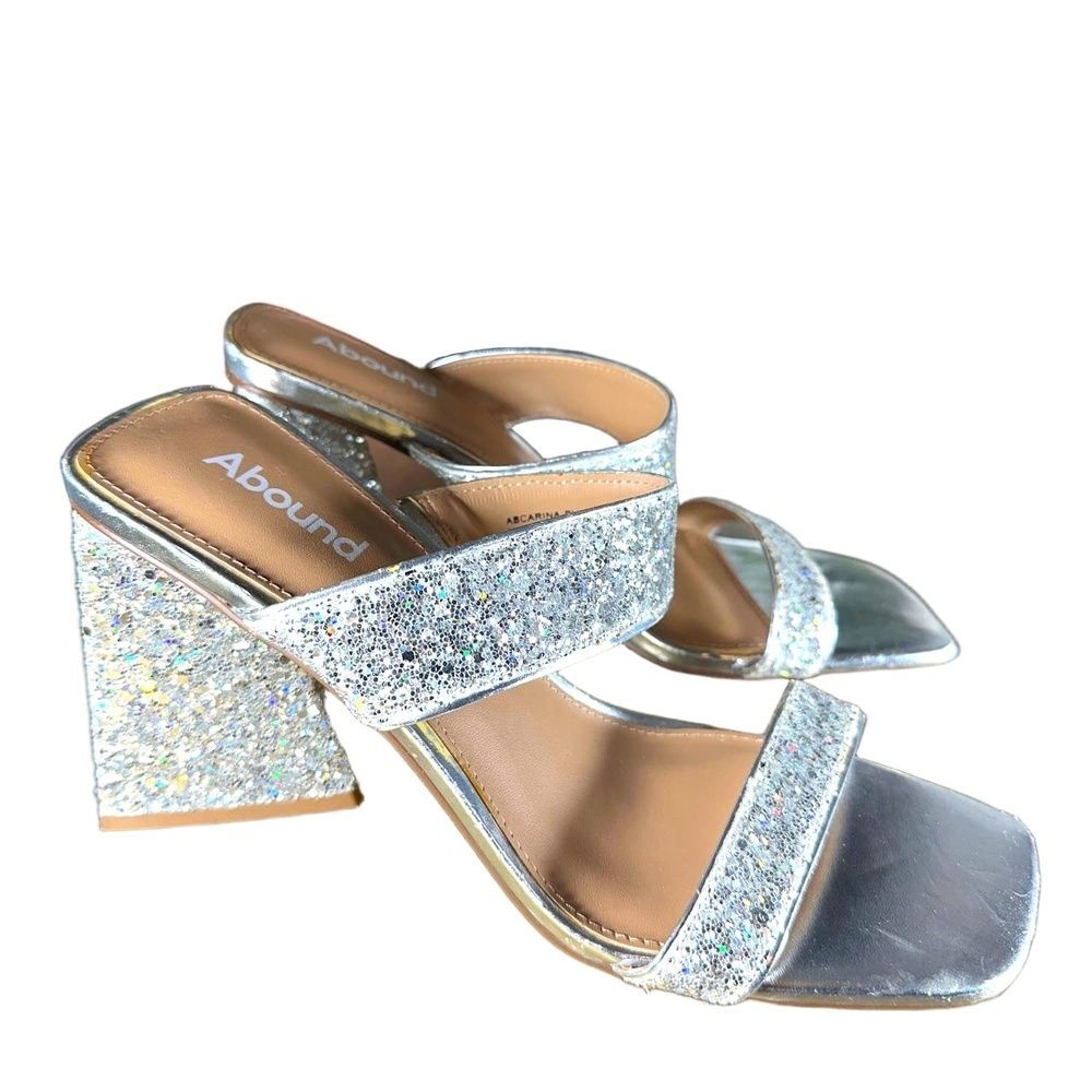 Abound Block Heel Slide Sandals 7.5 Glitter Wedding Bridal Formal Silver Carina